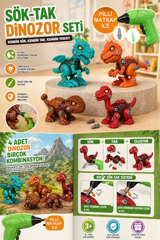Sök Tak 4'lü 12cm Dinozor Oyuncak Seti Vidalı Montajlı Eğitici Oyuncak + Pilli Matkap İle