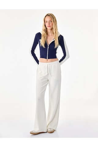 Koton Slim Fit Pamuklu Baskılı Kaşkorse Dik Yaka Fermuarlı Uzun Kollu Crop Tişört Lacivert 7wal10128ık