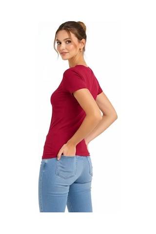 Efnaz Style T-shirt V Yaka Slim Fit Likralı Tişört Günlük Basic Body - Bordo