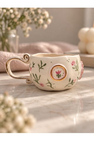 Rose Garden Kupa El Yapımı Seramik Beyaz - Çok Renkli