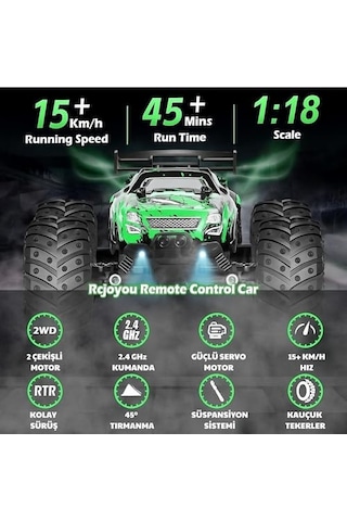 Giffy/oyuncak 2.4 Ghz Uzaktan Kumandalı Şarjlı Led Işıklı Drift Atan 15 Km Hız Yapan Off Road Araba 45 Dk Sürüş Süresi 1200 Mah Batarya Yeşil