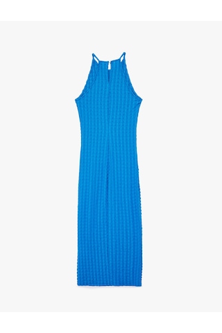 Koton Bürümcük Kumaş Slim Fit Uzun Halter Yaka Kalem Elbise Mavi 6sak80020uk Mavi