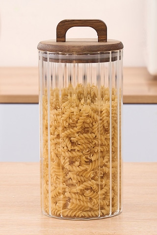 Qerhome Borosilikat Cam Optik Çizgili Akasya Kapaklı Kavanoz Zahire 3200 Ml Şeffaf