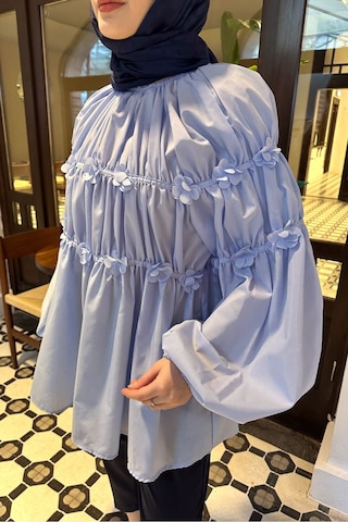Unika Boutique Mini Çiçekli Kadın Tesetettür Gömlek Mavi