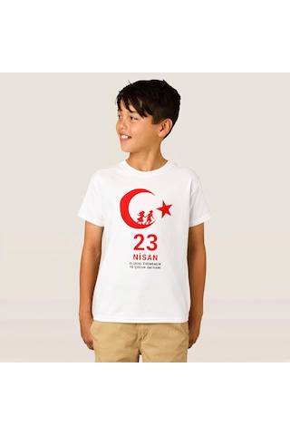 Wear Vexel Çocuk 23 Nisan Ulusal Egemenlik Ve Çocuk Bayramı Baskılı Bisiklet Yaka T-shirt - Beyaz Çok Renkli