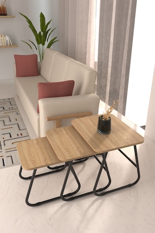 Vilinze Zigana Çok Amaçlı Siyah Metal Ayak 3'lü Naturel Mdf Zigon Sehpa Siyah-naturel