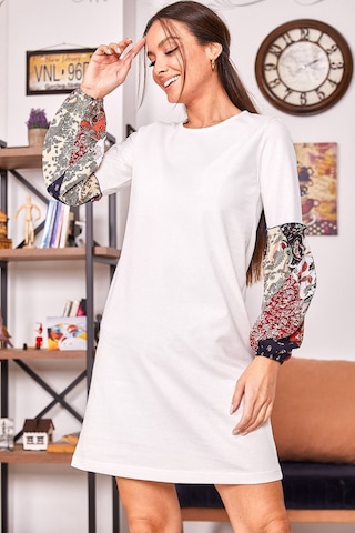 Armonika Kadın Ekru Kolu Renkli Balonlu Elbise Arm-19k001215