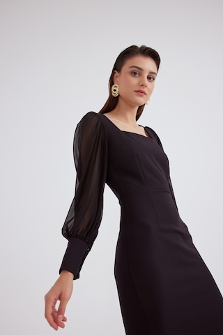 Sateen Şifon Kol Krep Elbise - Siyah