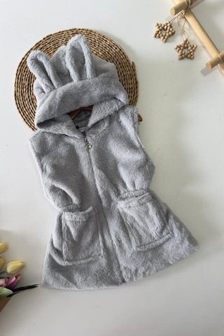 Miniğimin Cicileri Kulak Detaylı Peluş Cepli Çocuk Yelek - Gri Gri