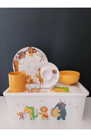 Keramika Neşeli Hayvanlar 4 Parça Mama Takımı Saklama Kutusu Hedi Sarı