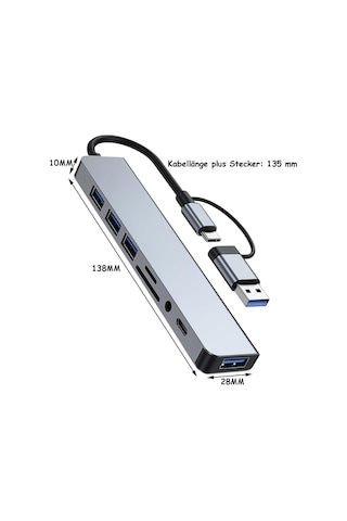 Lexroo Usb C Hub 8'i 1 Arada Usb Hub 3.0 Multiport Adaptörü, Tf/sd Kart Okuyucu