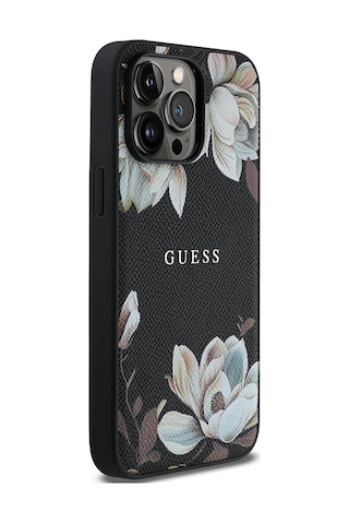 Apple Uyumlu iPhone 14 Pro Max Kılıf Guess Lisanslı M-safe Özellikli Taneli Çiçek Tasarımlı Metal Logolu Siyah