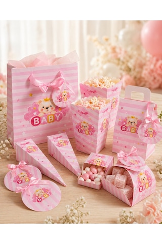 Hoşgeldin Bebeğim Hediyelik Seti, Pembe, Ayıcıklı Baby Shower&doğum Günü İkram Seti, 7 Ürün-48 Parça