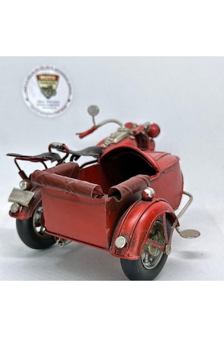 El Yapımı Dekoratif Yan Sepetli Kırmızı Motosiklet Model Metal Biblo & Vintage Maket 18 Cm