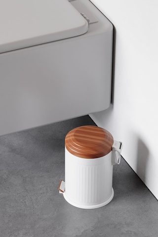 Zift Unique Paslanmaz Çelik Ahşap Kapak Desenli Vintage Çöp Kovası 5l Amortisör Yavaş Kapak Banyo-mutfak Kovalı Beyaz