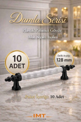 Damla Lüks Polimer Mobilya Kulpu 128 Mm Beyaz-siyah 10 Adet Mutfak Dolabı Çekmece Vestiyer Kulpu Siyah