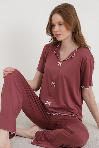 Elitol Bamboo Örme Fiyonklu Kadın Pijama Takımı Kahverengi