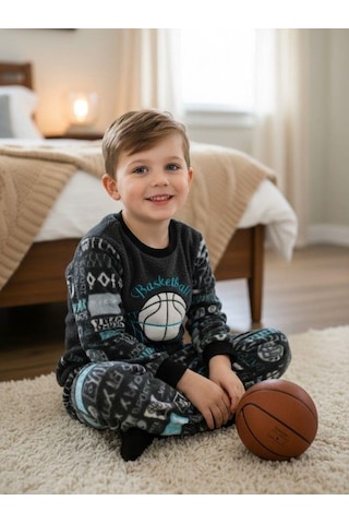 Zekids Erkek Çocuk Basketball Baskılı Polar Pijama Takımı-16815 Renklı