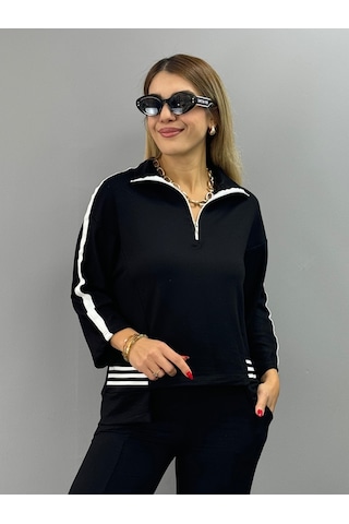 The İstanbul Kadın Polo Yaka Paça Yırtmaçlı Ribanalı İkili Takım Siyah