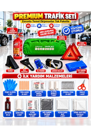 Trafik Ve İlk Yardım Seti Tüvtürk Muayene Uyumlu Ce Belgeli Abc 1kg Yangın Söndürücü Ve E Belgeli Reflektör-yeşil