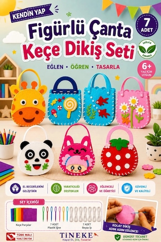 Tineke Figürlü Keçe Dikiş Seti 7'li Kendin Yap Çanta Yapım Seti Eğitici Hobi Oyuncağı El Becerisi 6+