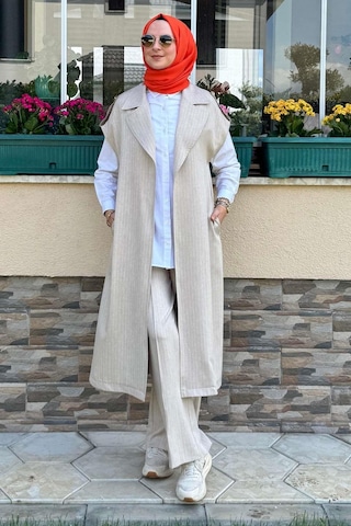 Apoletli Çizgili Takım Bej Çok Renkli