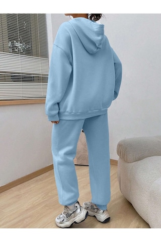 Fetch Eşofman Takımı Sweatshirt Jogger - Bebe Mavisi Baskılı Oversize Şardonlu Kapüşonlu Bej