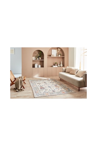Spring Serisi Krem Vintage Eskitme Desenli Dijital Baskı Yıkanabilir Modern Salon Halısı Krem