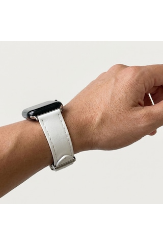 Goldoni Apple Watch Uyumlu Beyaz İnce Gerçek Deri Kordonu Metal Köprülü