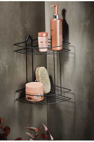 Ömür Boyu Paslanmaz Yapışkanlı Banyo Köşeliği Düzenleyici Şampuanlık Duş Rafı Siyah EK-02