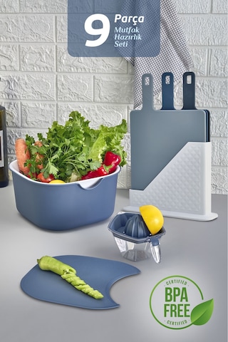 9'lu Mutfak Hazırlık Seti - Standlı Kulplu Kesme Tahtası Karıştırma Kabı Kase Süzgeç Limon Sıkacağı Mavi