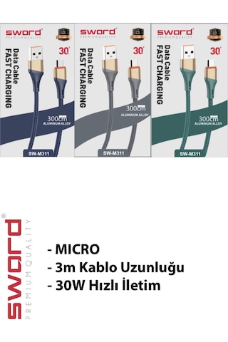 Sword 3 Üç Metre Micro Hızlı Şarj Ve Data Kablosu