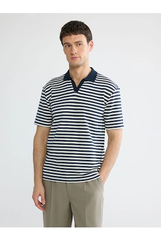 Lc Waikiki İndigo Polo Yaka Çizgili Erkek Tişört Indigo