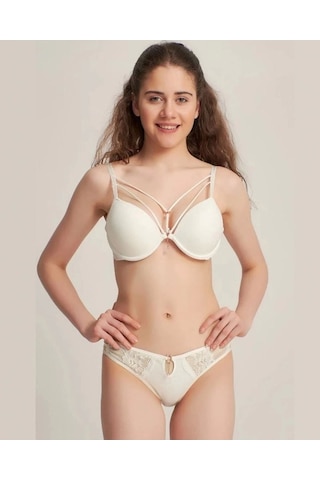 Silikonlu Taşlı Simli Sütyen Takım Ekru