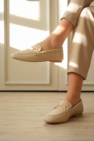 Roof Atelier Kadın Bej Örgü Desenli Toka Detaylı Loafer Ayakkabı - Hanly
