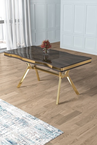 Canisa Pem Serisi 90x160 Lak Panel Antrasit İroni Gold Ayak Masa Takımı 6 Cappucino Sandalye Siyah Mermer Desen Masa Sandalyeler Cappucino