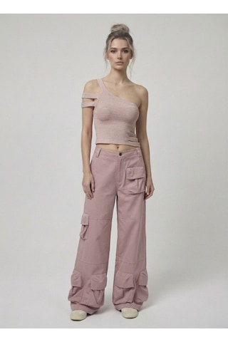 Neden Tekstil Asimetrik Tek Omuz Triko Crop Bluz - Açık Pembe