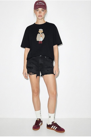 Shade Kadın Köpek Nakışlı Taş İşlemeli Relaxed Fit Pamuk T-shirt 1077 60286067 - Siyah L