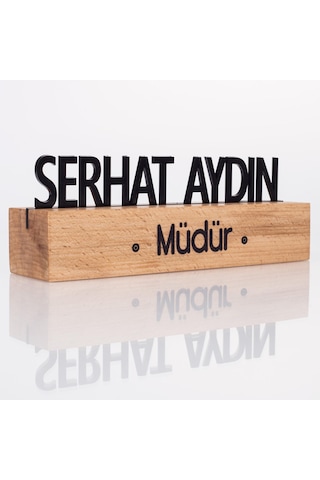Masif Kayın Ahşap Masaüstü İsimlik Standı Siyah Akrilik Masa İsimliği