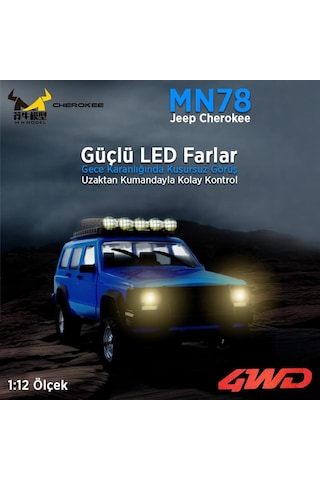 Mn Model Mn78 1/12 Jeep Cherokee 4x4 Rc Model Crawler Offroad Truck Uzaktan Kumandalı Araba Rtr Mavi+dahili Işık Seti