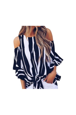 Kadın Gömlek Yuvarlak Yaka Askısız Bol Dikey Çizgili Günlük Üst Lacivert