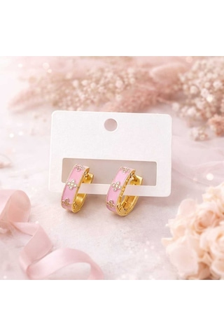 Pudra Dokunuşlu Gold Halka Küpe Pembe