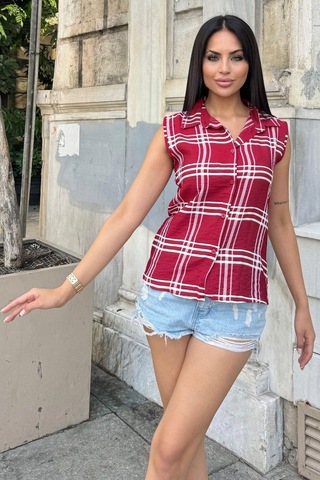 Kadın Bordo Ekose Desen, Dokulu Bodrum Kumaş, Kolsuz Rahat Gömlek Bordo