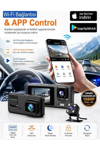 Wi-fi App Destekli 1080p 3 Kameralı Araç İçi Araba Kamerası Gece Görüşü & 140 Geniş Açı Dvr
