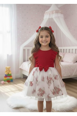 Retro Women Kız Çocuk Çiçekli Kısa Kollu Tütülü Özel Gün Doğum Günü Abiye Günlük Prenses Elbise Toz Pembe