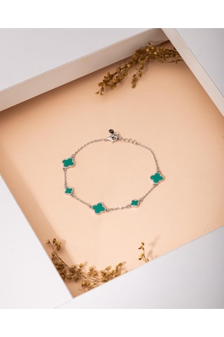 925 Ayar Rodyum Turkuaz Mineli Yonca Charm Gümüş Bileklik Gümüş - Rodyum