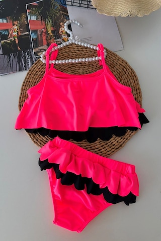 Minigimin Cicileri Kalp Desenli Fırfırlı Kız Çocuk Bikini Takımı - Fuşya