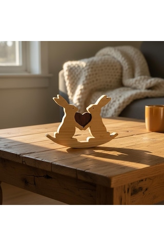 Simdale Wood İsimli Birleşen Kalpler İkili Tavşan Biblo - Puzzle Tasarım