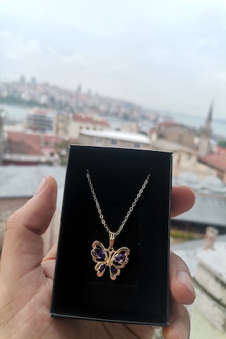 Ervanur Altın Kaplama Mor Zirkon Taşlı Kelebek Kolye Altın