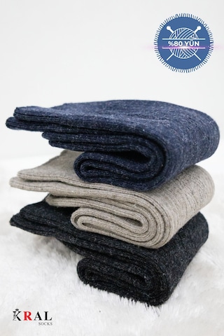 Kral Socks Erkek Çorabı Lambswoll 3 Adet Termal Özellikli Kalın Uzun Çorap Asorti